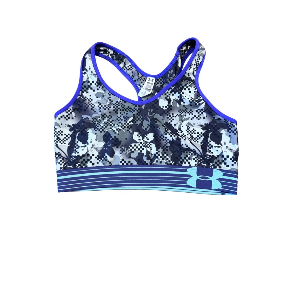 Under Armour HeatGear Sports Bra Floral Print Purple Blue Racerback Medium NWOT